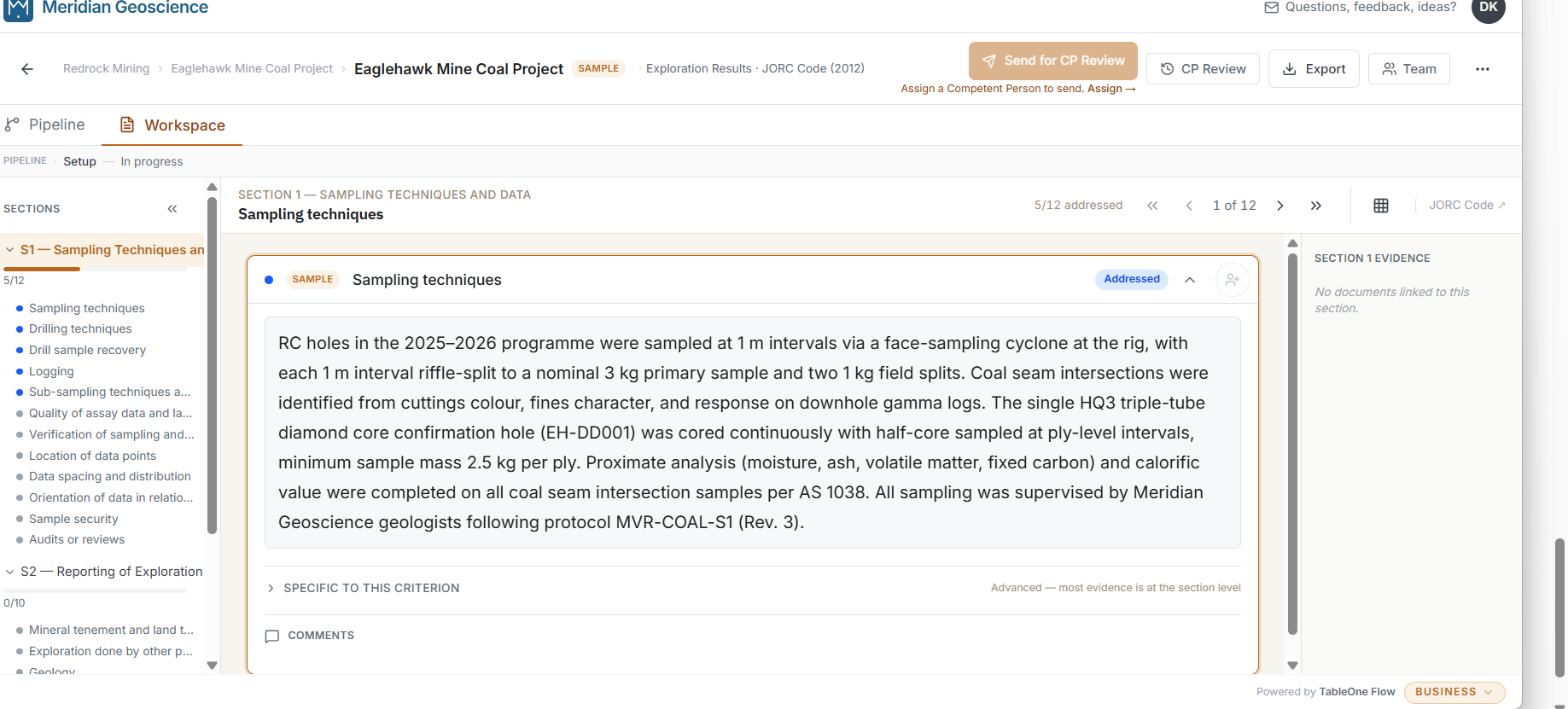 TableOne Flow workspace — Eaglehawk Mine criterion editing pane with attached evidence files